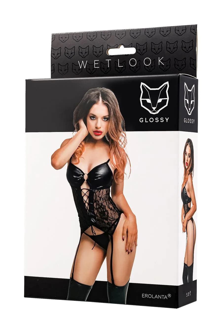 Комплект Glossy Miriam топ на шнуровке и трусики из материала Wetlook, черный, L