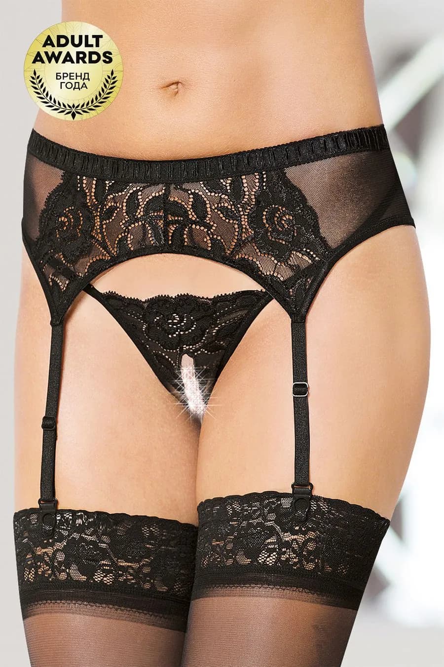 Пояс для чулок и стринги кружевные SoftLine Collection, черный, S/M