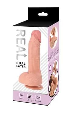 Реалистичный фаллоимитатор REAL Dual Layer с мошонкой на присоске, dual PVC, 21,5х4,6 см.